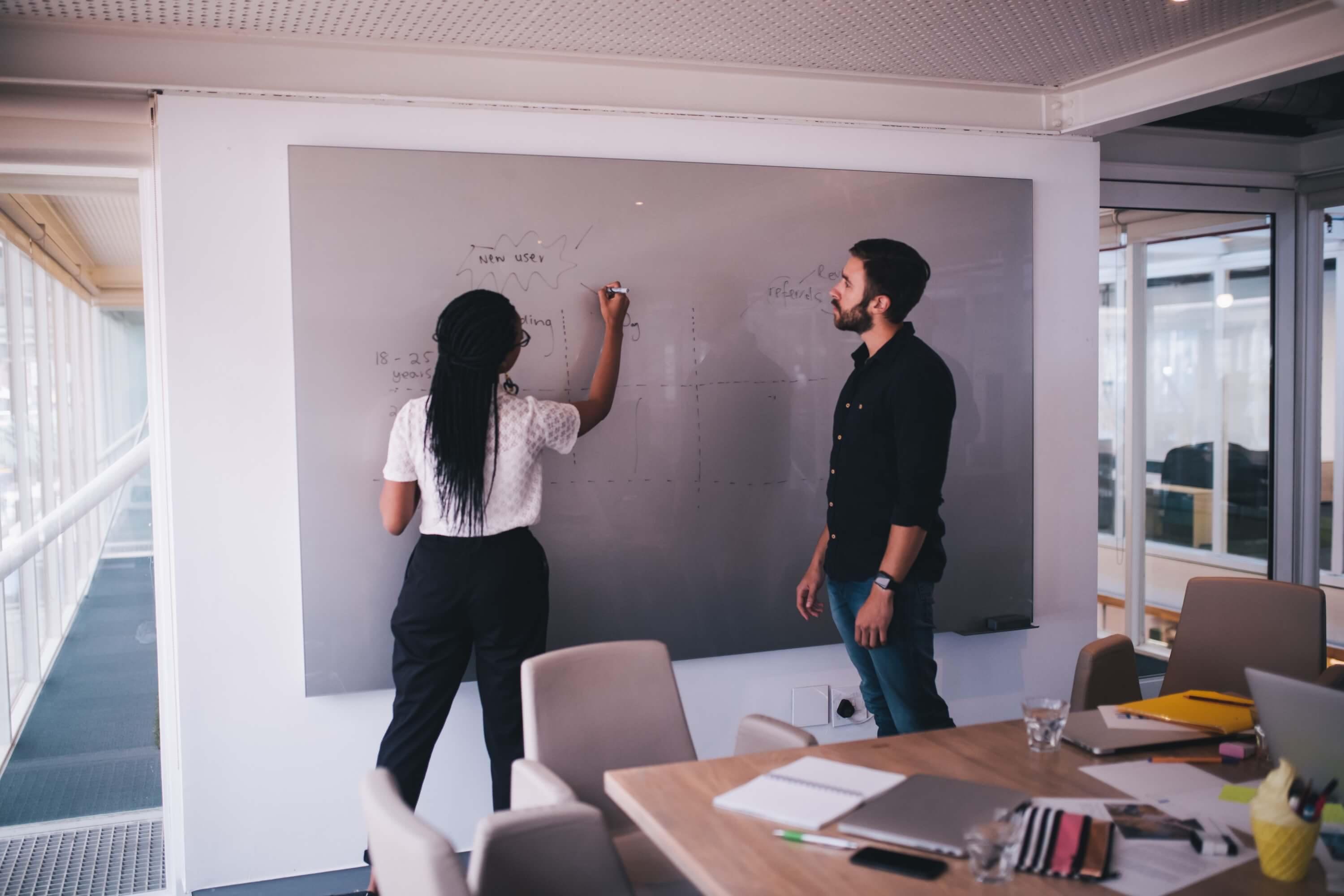 Office workshop with whiteboard