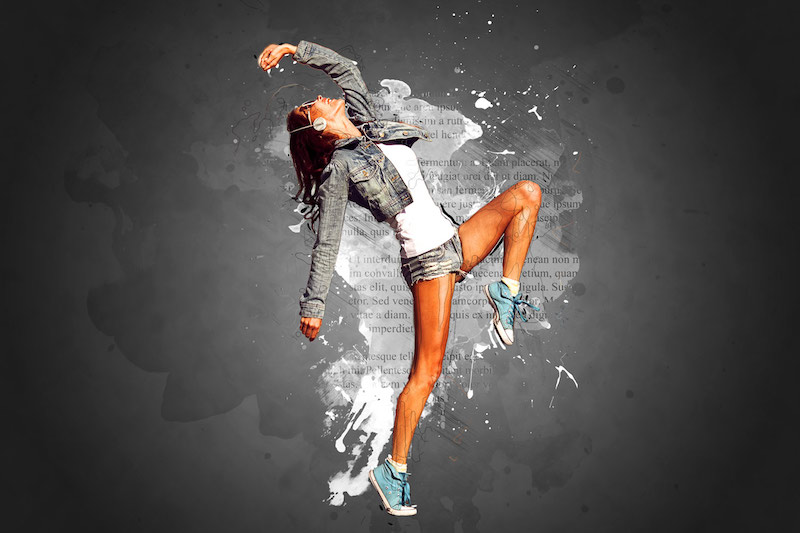 Beautiful dancing girl on street with color splash Photoshop action