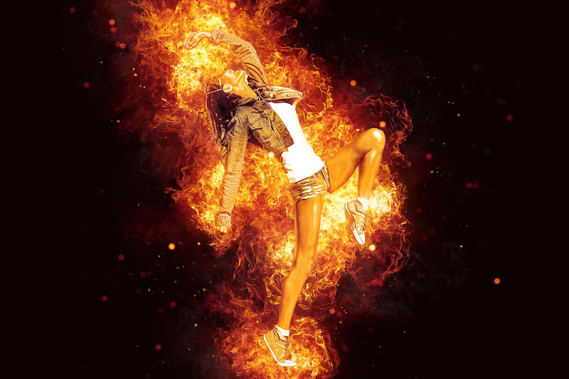 Beautiful dancing girl on street with flames Photoshop action