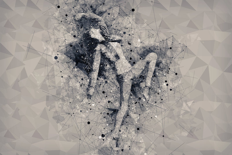 Beautiful dancing girl on street with geometric art Photoshop action