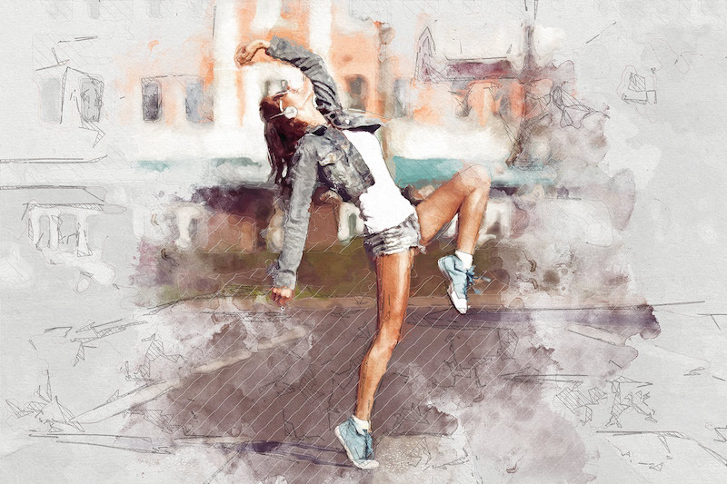 Beautiful dancing girl on street with mixed media Photoshop action