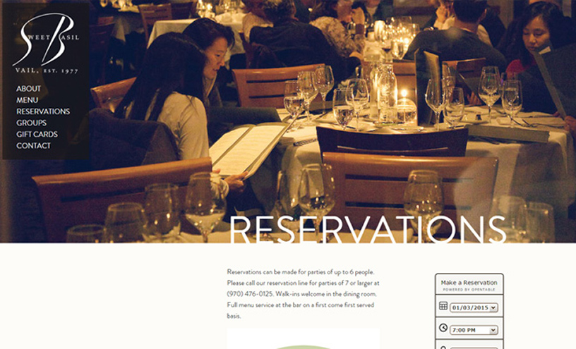 Sweet Basil's reservation page with series of rotating photos