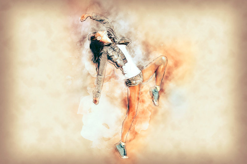 Beautiful dancing girl on street with modern art Photoshop action