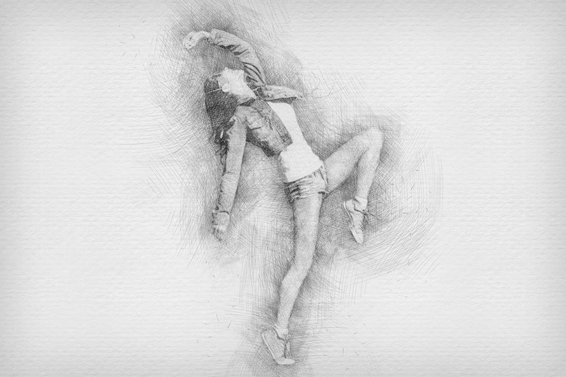 Beautiful dancing girl on street with sketch Photoshop action