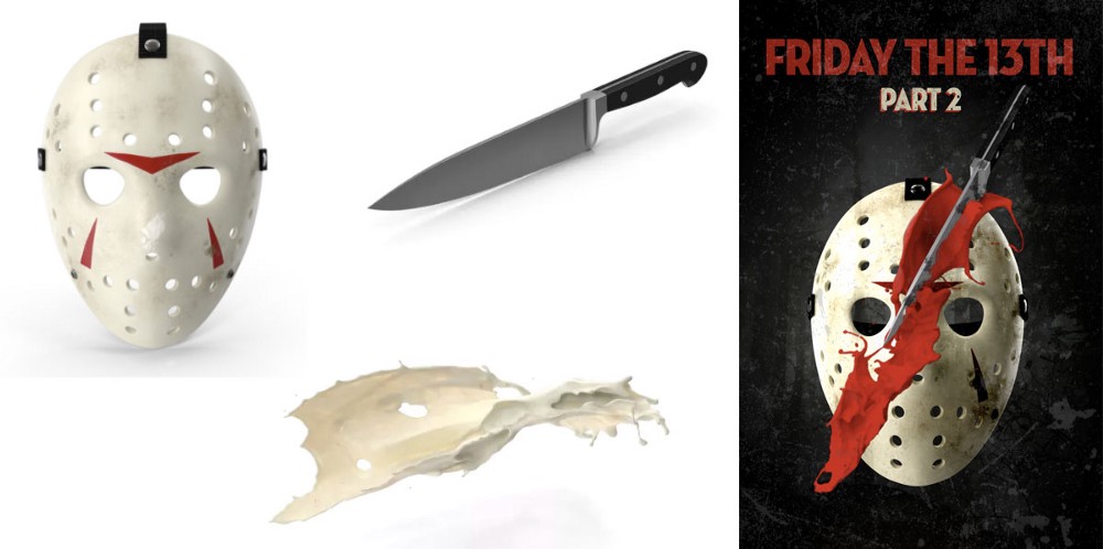 3d rendered hockey mask, chef's knife anf aerial splash