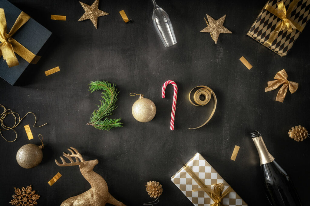 Christmas decorations on a table flatlay