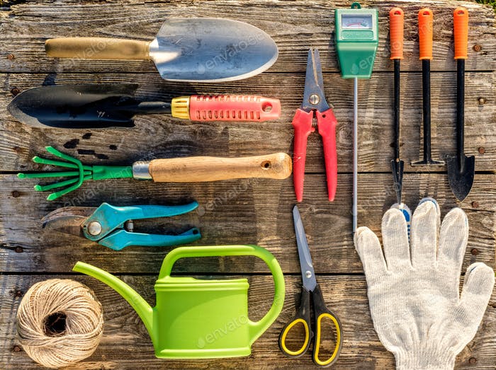 Gardening tools flat lay