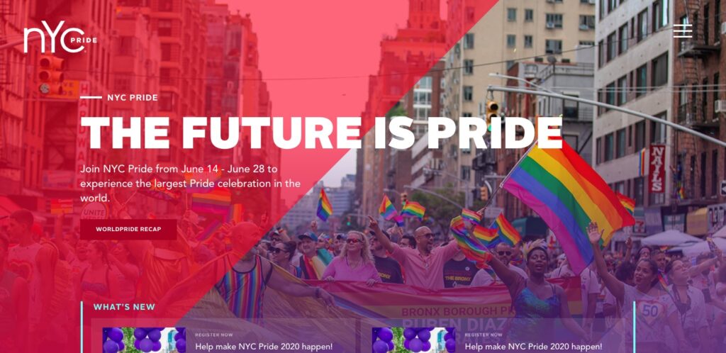 NYC Pride website uses a monochromatic overlay