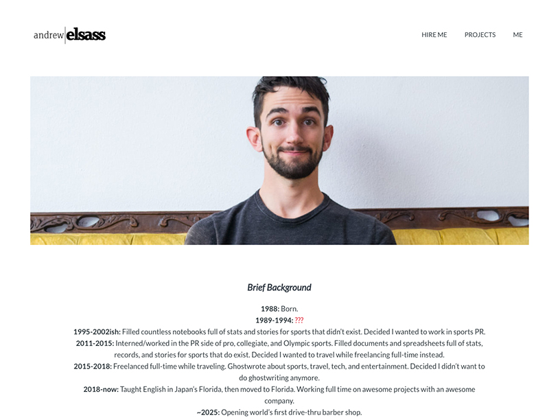 Andrew Elsass's about me page with a simple hero image and text