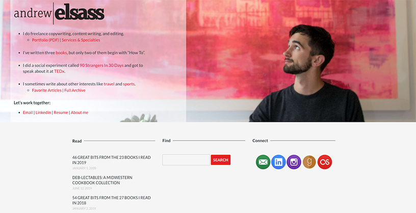 Andrew Elsass's Homepage with a large header background image and texts