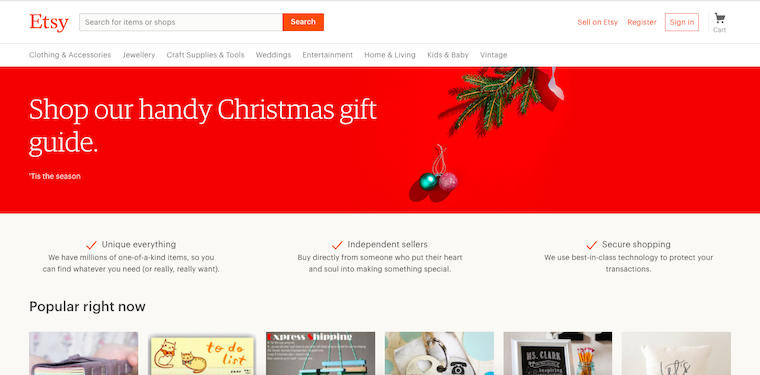 Flat lay photo on etsy's homepage