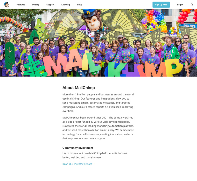 Friendly fun and colorful about page by Mailchimp 
