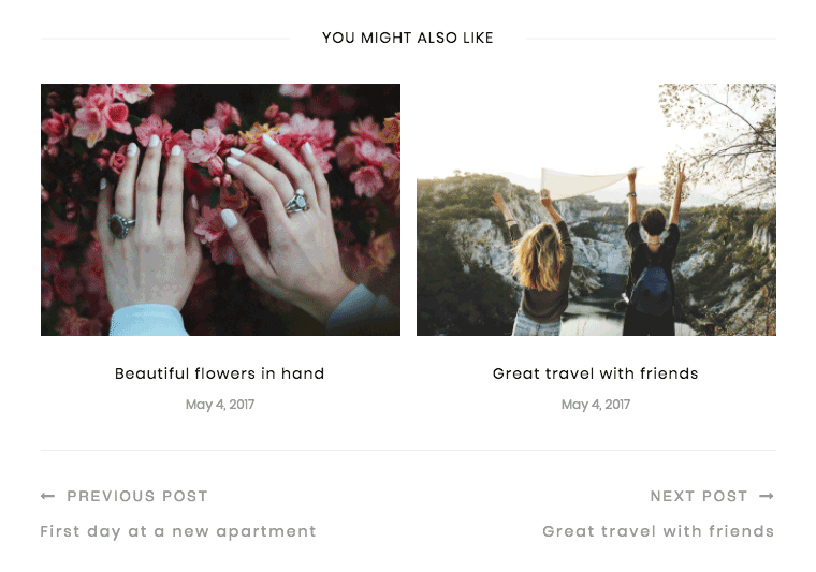 Monica - Personal & Shop WordPress Blog Theme with a related post section that is easy to scan but also functional.