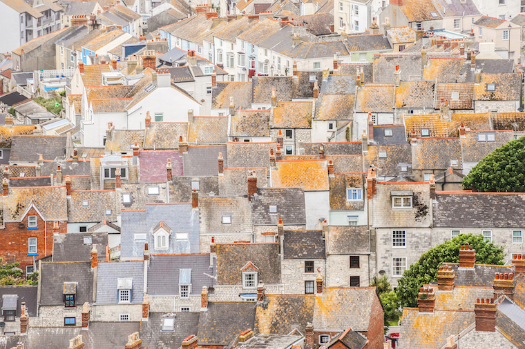 aerial rooftop view of old British terraced housing