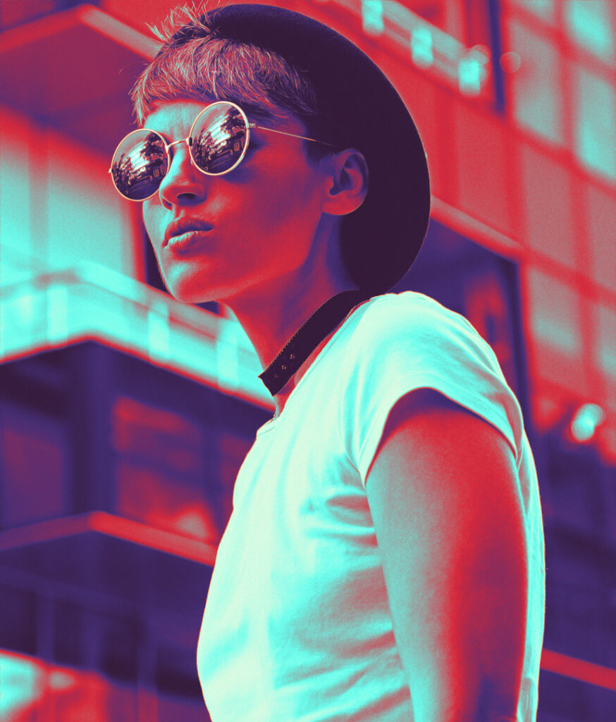 Woman with round frame sunglasses with a filter