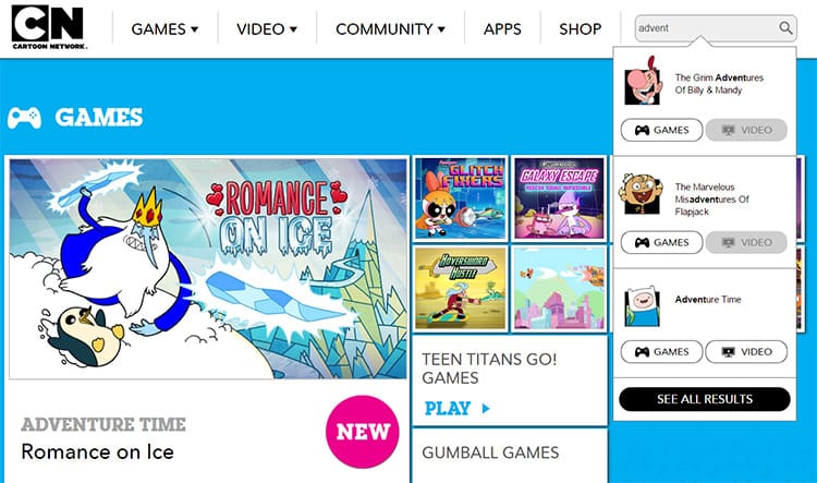 cartoon network's autosuggest search results