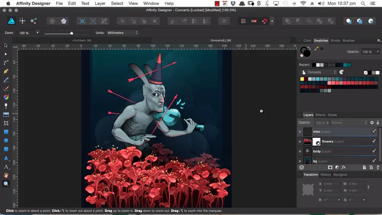 Affinity Designer interface with cartoon image