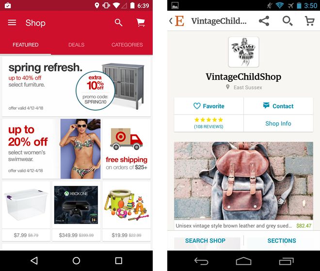  The clean & uncluttered Target & Etsy mobile app storefronts