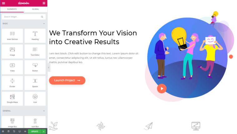 Elementor drag and drop editor