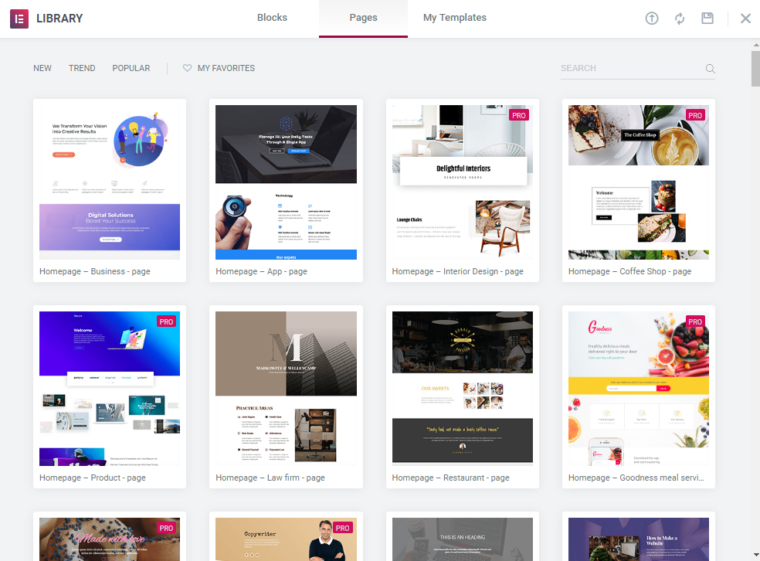 The Elementor library of pages