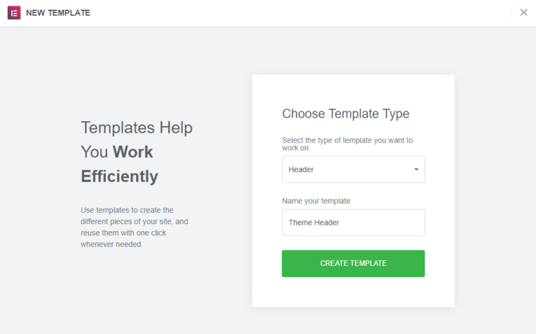 Creating a new template in Elementor