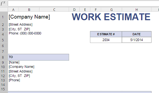Screenshot of a Job/Work Estimate Template