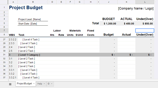 Screenshot of a Project Budget Template