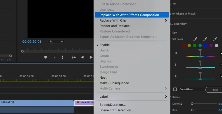 Premiere Pro context menu showing the Replace With After Effects Composition option to upscale video to 4K