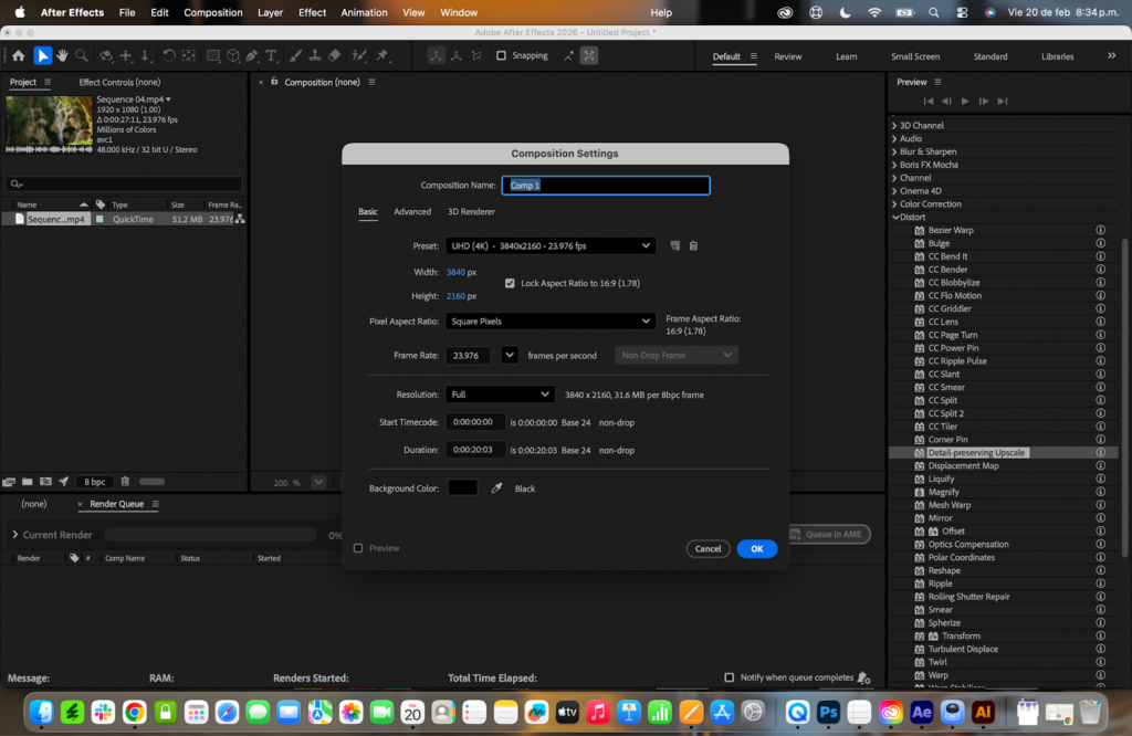 After Effects Composition Settings panel showing 3840x2160 UHD 4K resolution to upscale video to 4K