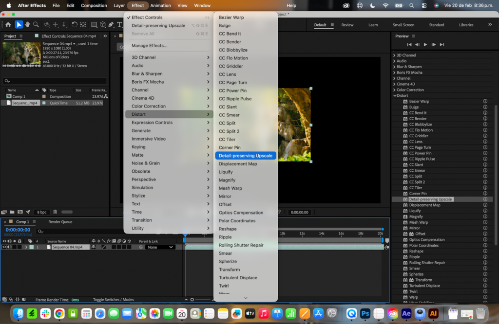 After Effects Effect menu showing Detail-preserving Upscale under Distort to upscale video to 4K