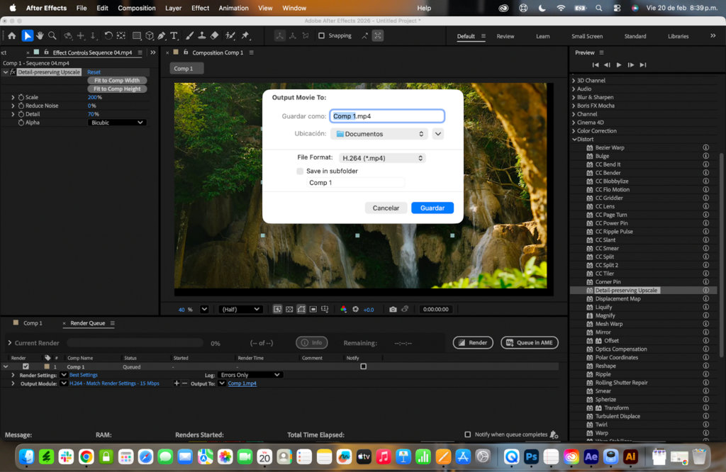 After Effects Output Movie dialog showing file naming and save location to export upscaled video to 4K