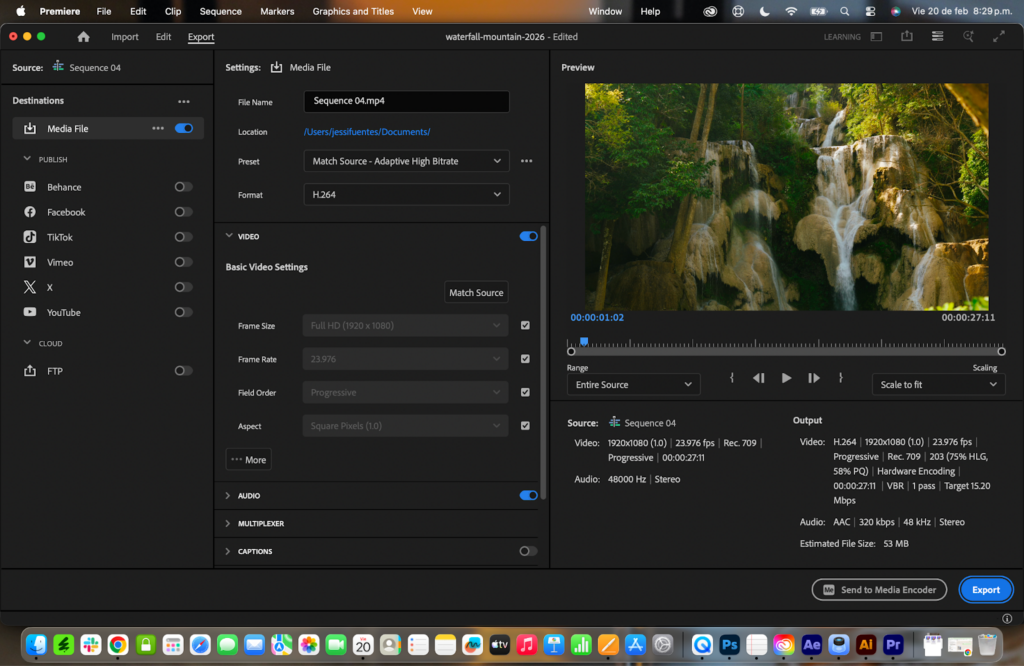 Screenshot of Adobe Premiere Pro's export window showing video settings and a preview of a waterfall.