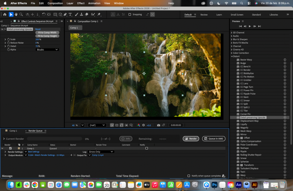 After Effects Render Queue is ready to export with the Render button to complete the upscaling video to 4K
