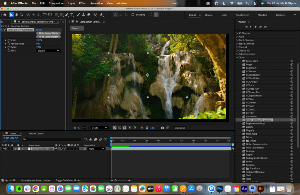 After Effects Effect Controls panel showing Detail-preserving Upscale settings with Fit to Comp Width and Detail at 70% to upscale video to 4K