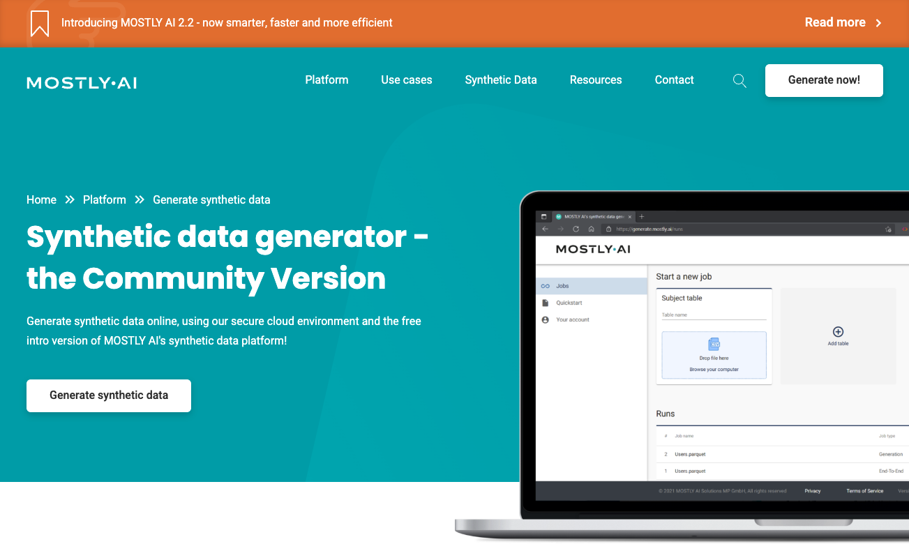 Mostly AI landing page