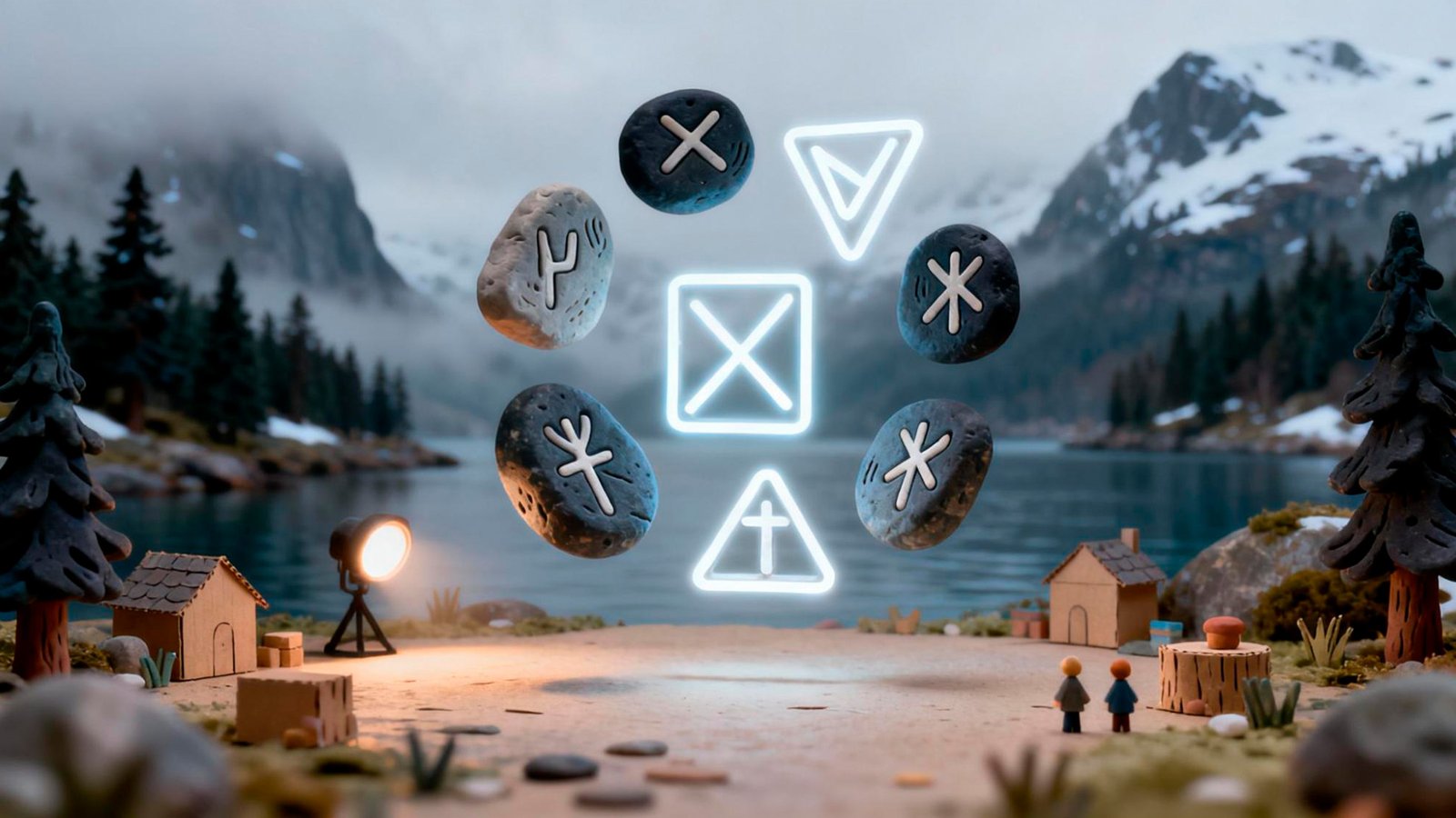Norse fonts and Nordic runes displayed as glowing symbols on ancient stones with mountain lake landscape, showcasing traditional Scandinavian typography and runic alphabet
