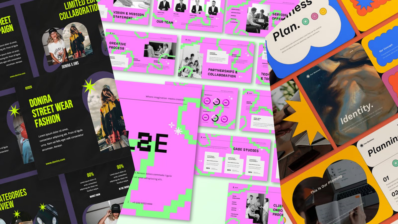 A collage of presentation slides and design elements in black, neon pink, and neon green, featuring text like 'DONIRA STREET WEAR FASHION', 'CREATIVE PROCESS', 'SERVICE Plan.', and 'Identity', with images of models, business meetings, charts, and a laptop.