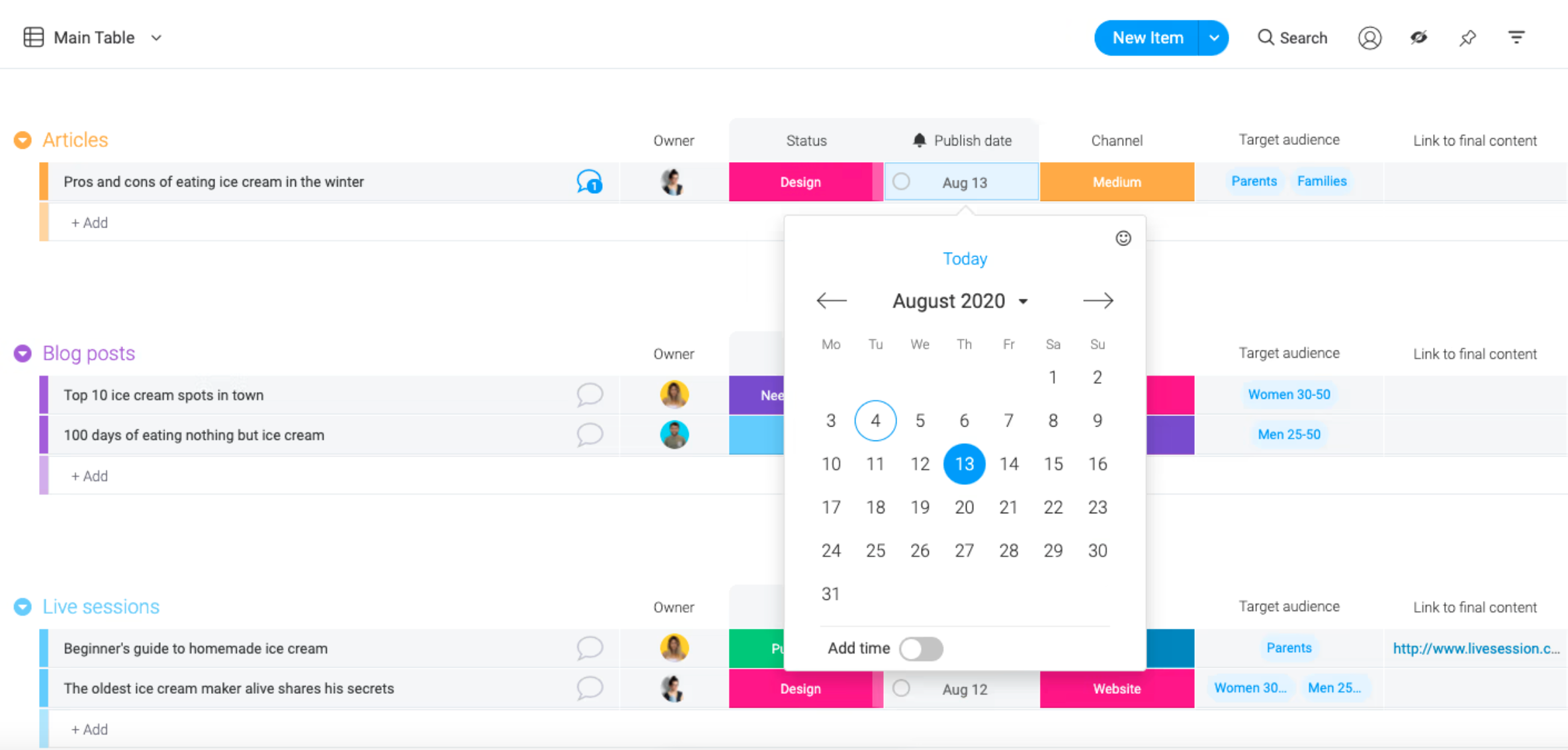Content calendar template from Monday.com