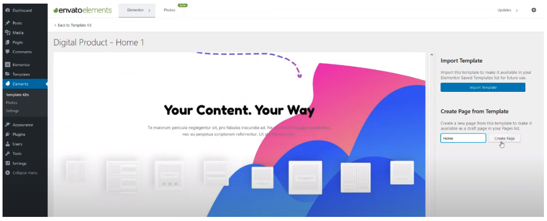 importing Envato Elements template