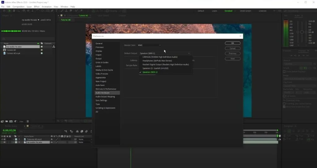 audio hardware settings in after effects