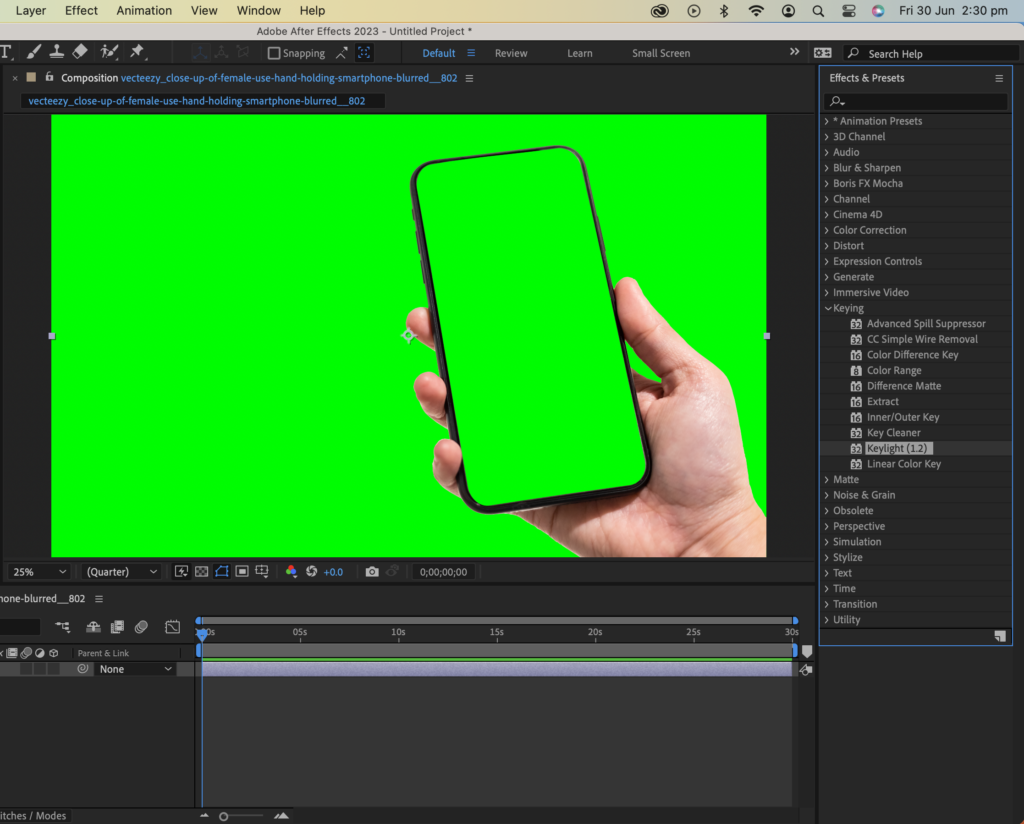 Search for "Keylight" and apply it to the footage layer.