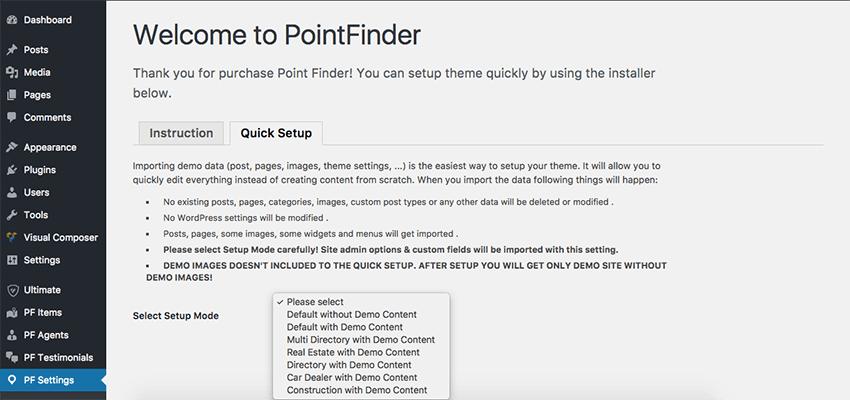 Importing demo content in Point Finder.