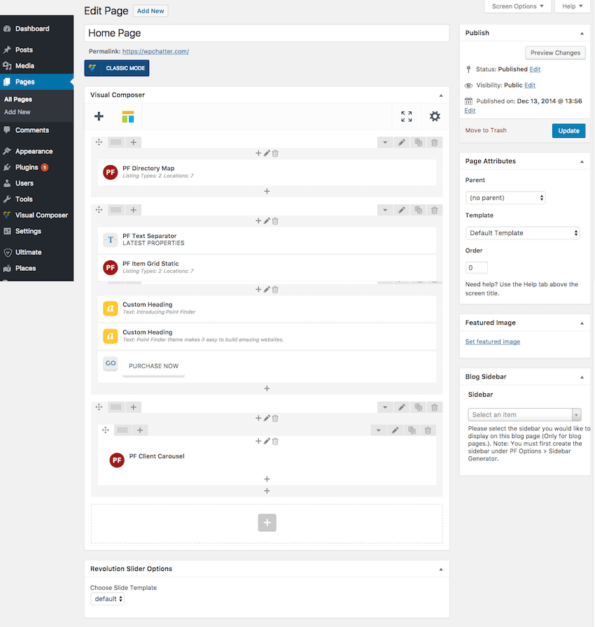 Page editing in the Point Finder theme.