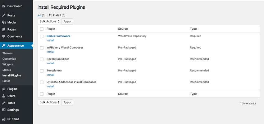 Installing the necessary plugins for the Point Finder theme.