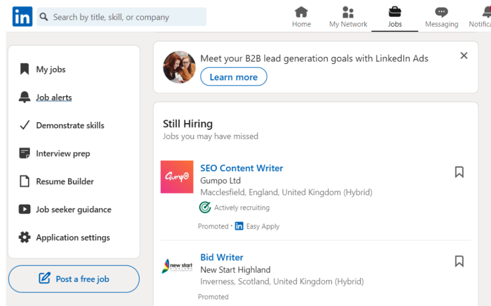 setting up alerts on LinkedIn example