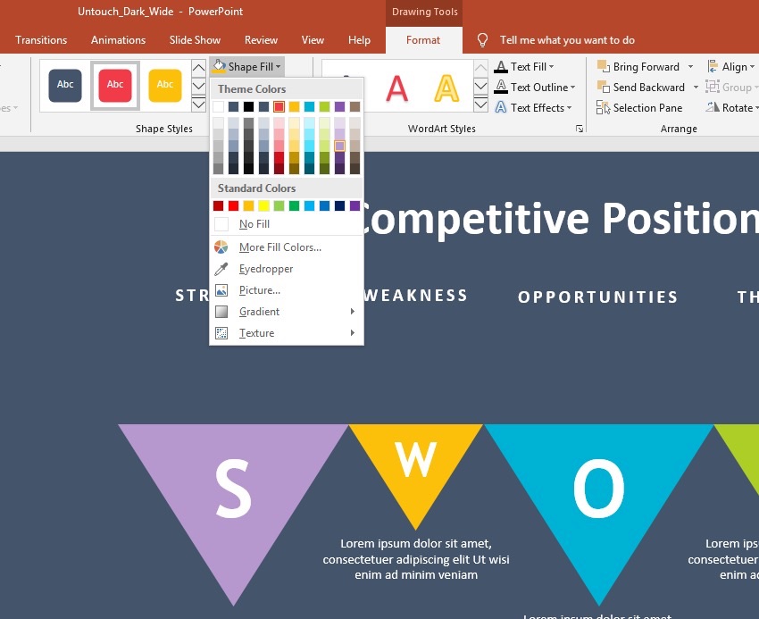 Click on shapes, then choose Format > Shape Fill to choose your colors.