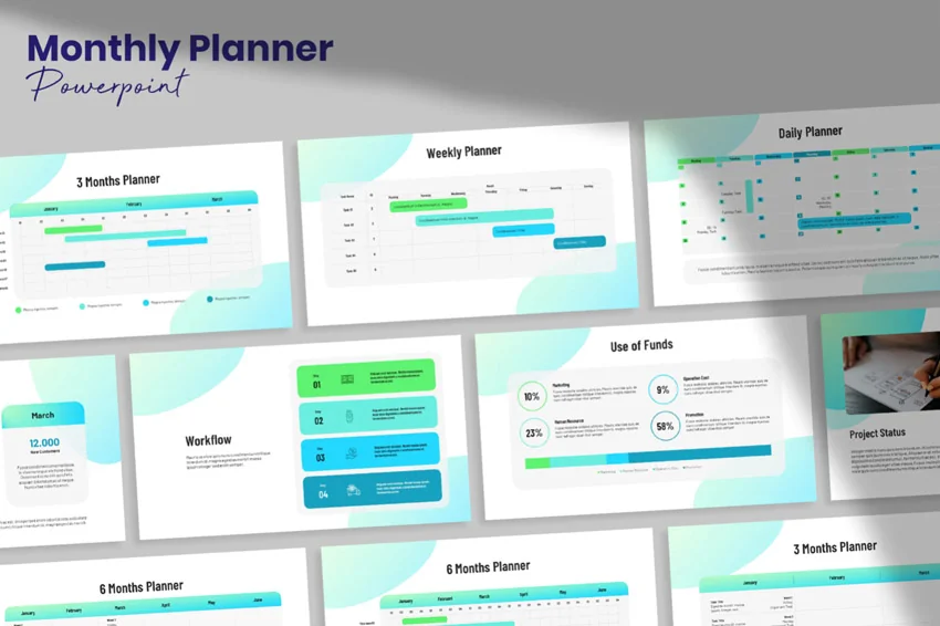 Try out the monthly planner slides in this premium PowerPoint design template.
