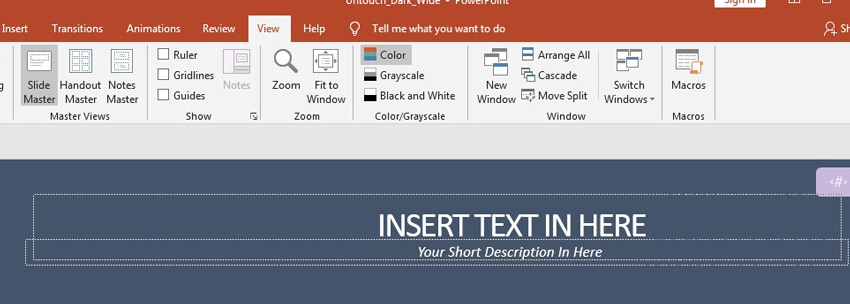 Go to the View > Slide Master option to adjust the color swatch in the corner and the company name on the slide.