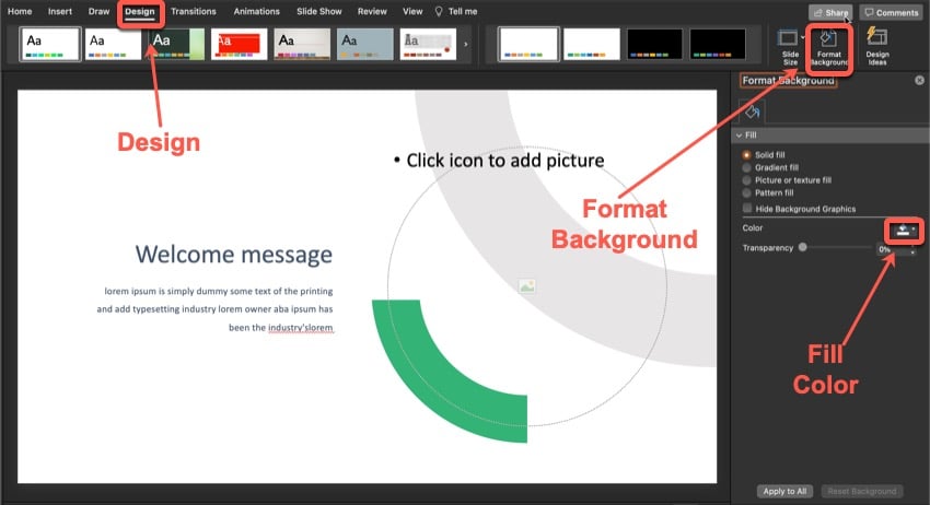 How to change the background color of the slide.