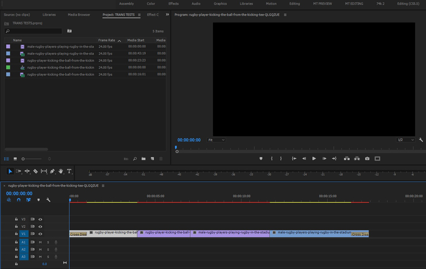 Premiere Pro interface with rugby player footage arranged in timeline before adding transitions